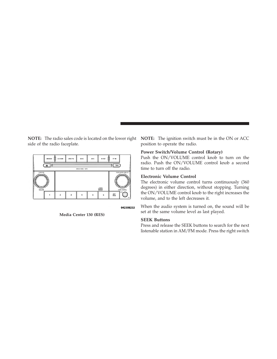 Media center 130 (sales code res), Operating instructions — radio mode | Dodge 2011 Dakota User Manual | Page 214 / 456