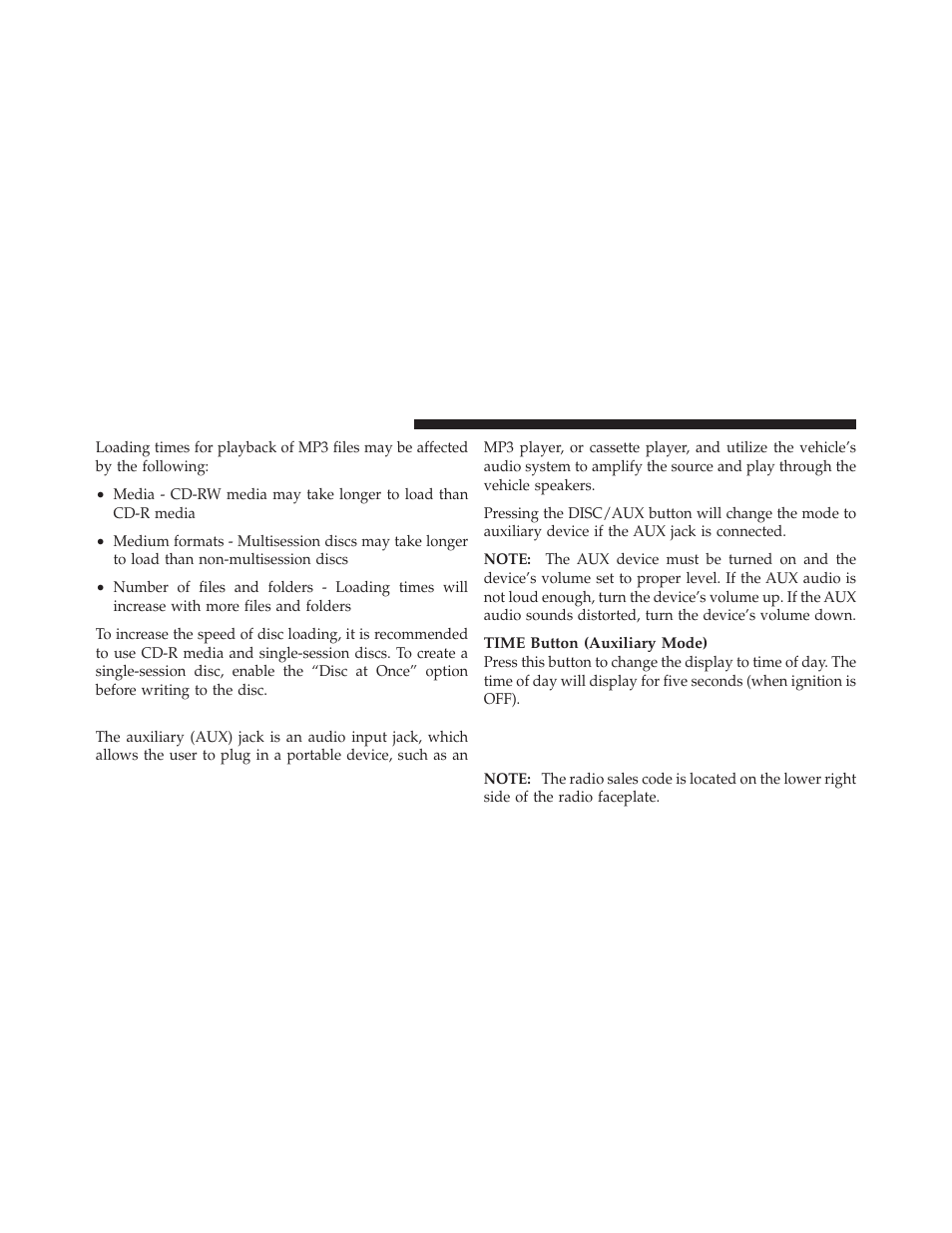 Operation instructions - auxiliary mode, Media center 130 with satellite radio (sales, Code res+rsc) | Dodge 2011 Dakota User Manual | Page 222 / 456