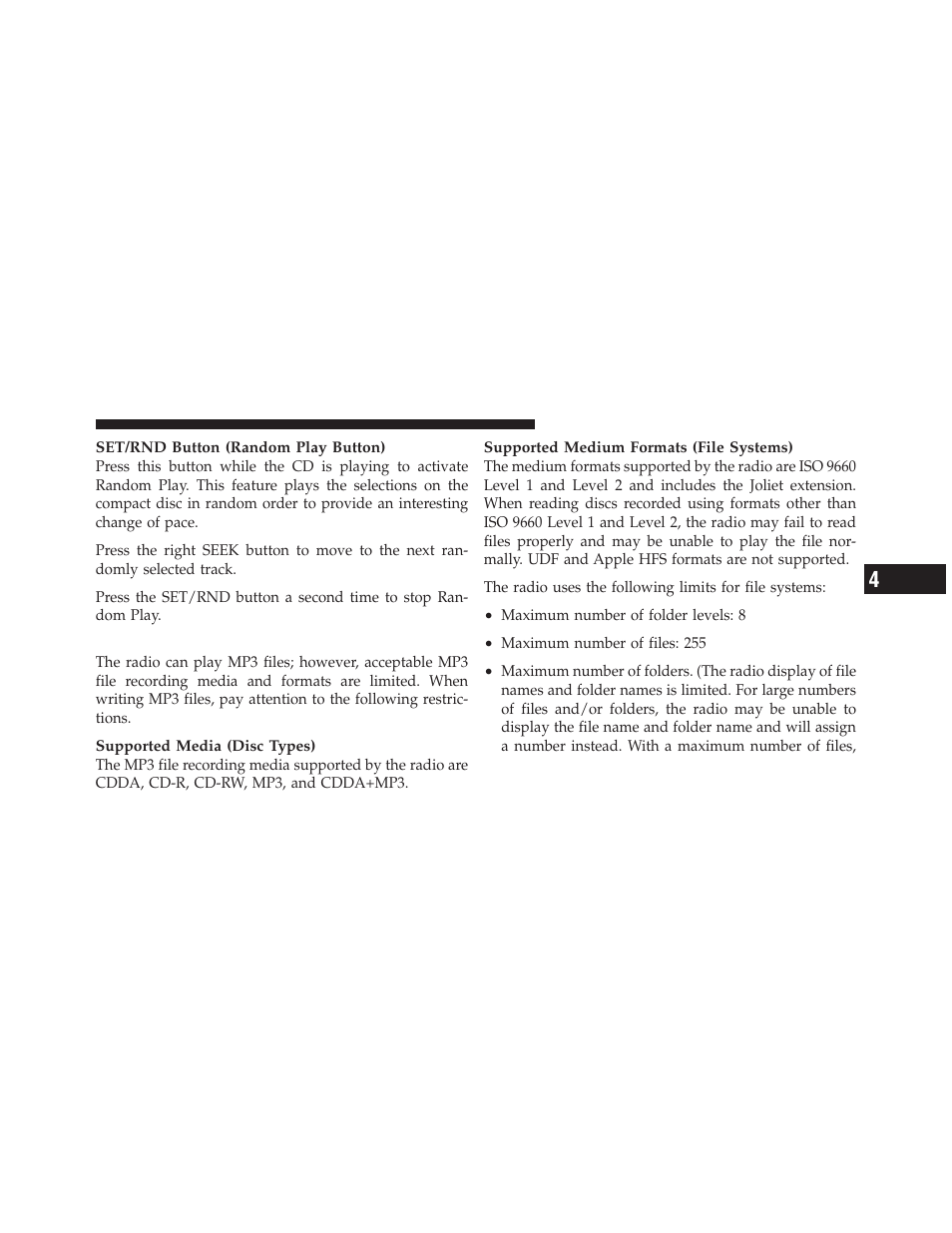 Notes on playing mp3 files | Dodge 2011 Dakota User Manual | Page 231 / 456