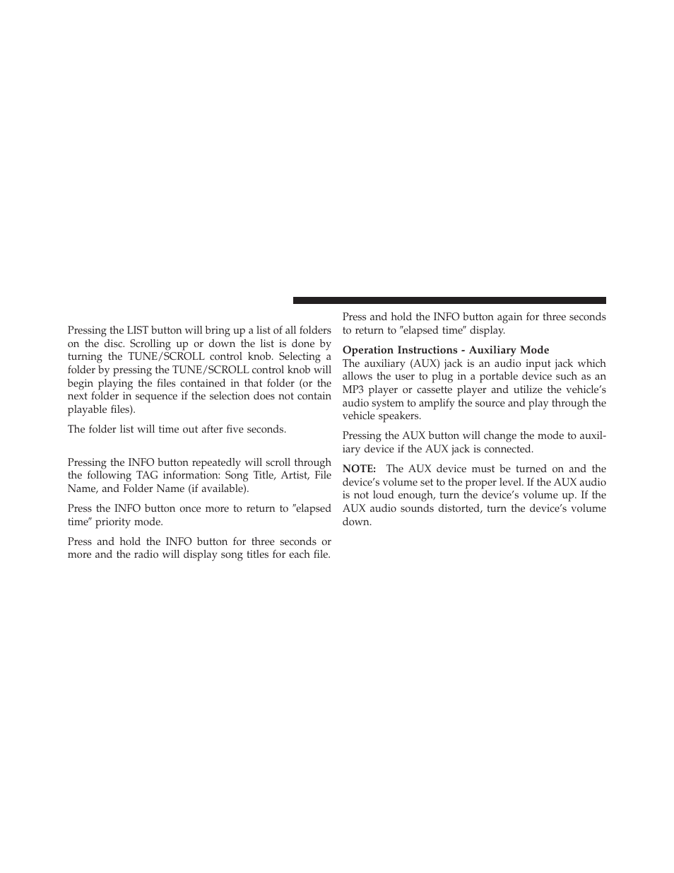 List button (cd mode for mp3 play), Info button (cd mode for mp3 play) | Dodge 2011 Dakota User Manual | Page 234 / 456