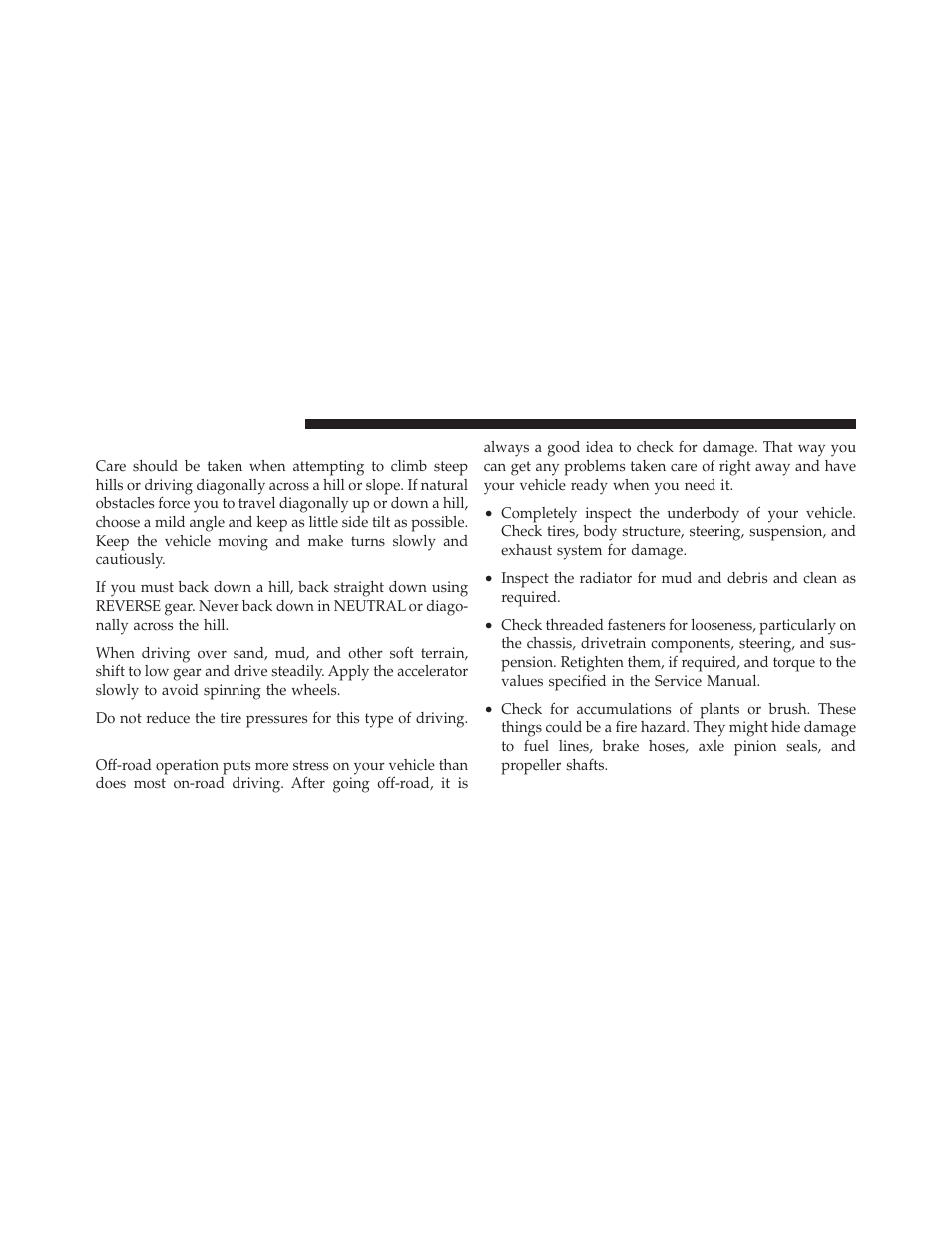 Off-road driving tips, After driving off-road | Dodge 2011 Dakota User Manual | Page 272 / 456