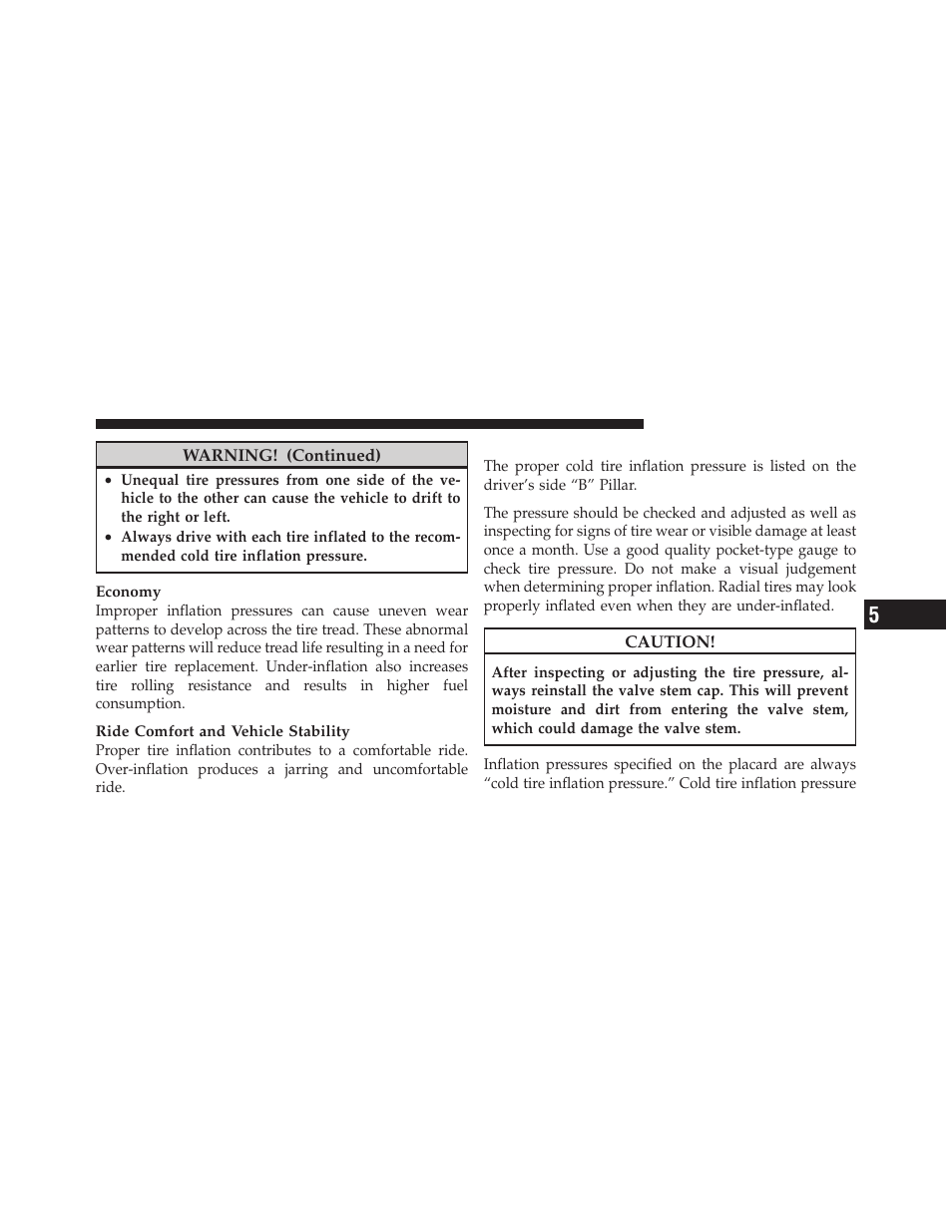 Tire inflation pressures | Dodge 2011 Dakota User Manual | Page 289 / 456