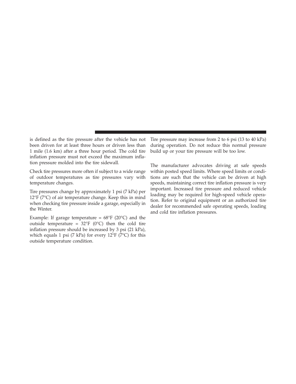 Tire pressures for high speed operation | Dodge 2011 Dakota User Manual | Page 290 / 456