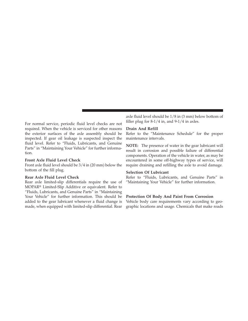 Front/rear axle fluid, Appearance care and protection from corrosion, Appearance care and protection from | Corrosion | Dodge 2011 Dakota User Manual | Page 388 / 456