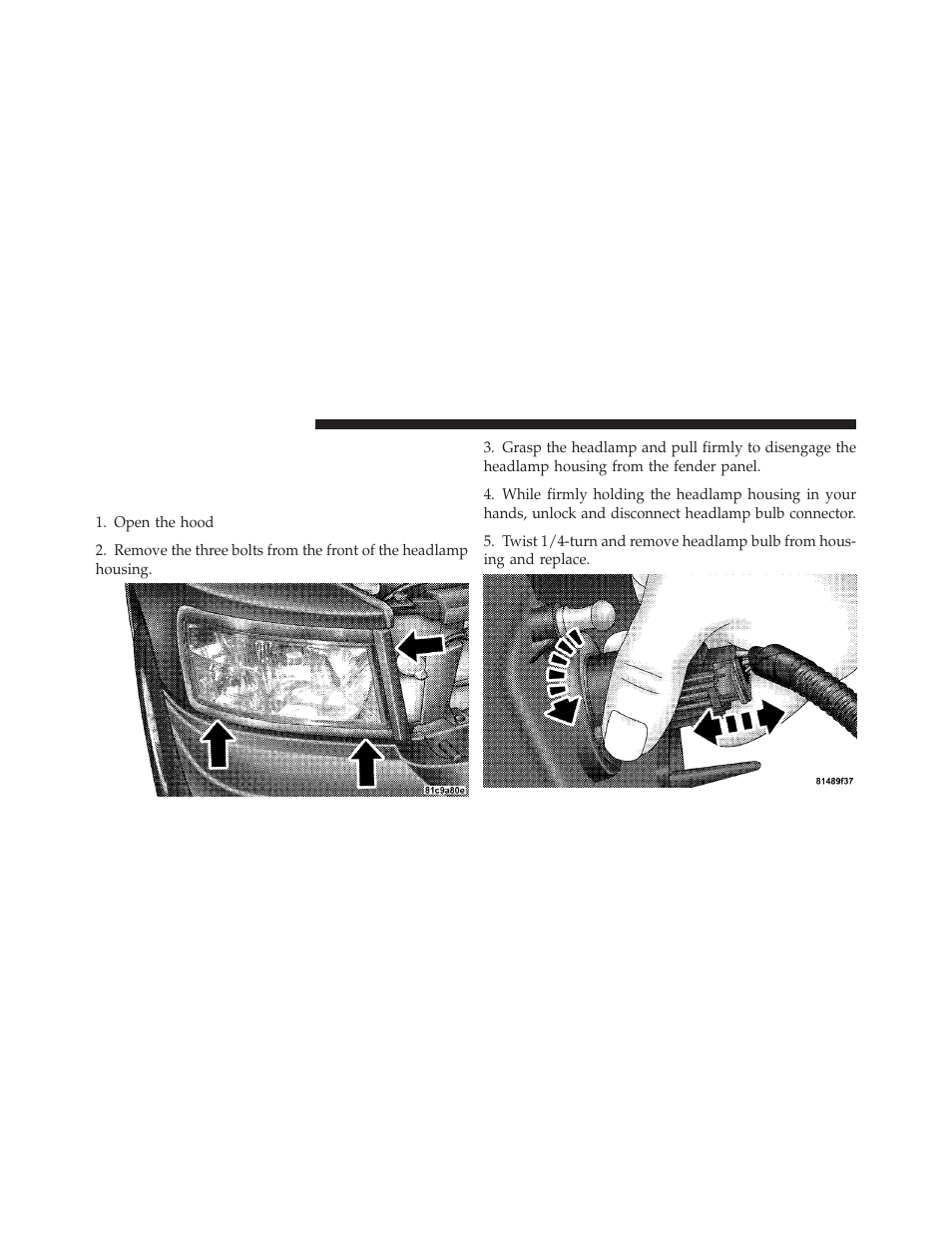 Bulb replacement, Headlamp (halogen)/front park and turn, Signal lamps | Dodge 2011 Dakota User Manual | Page 400 / 456