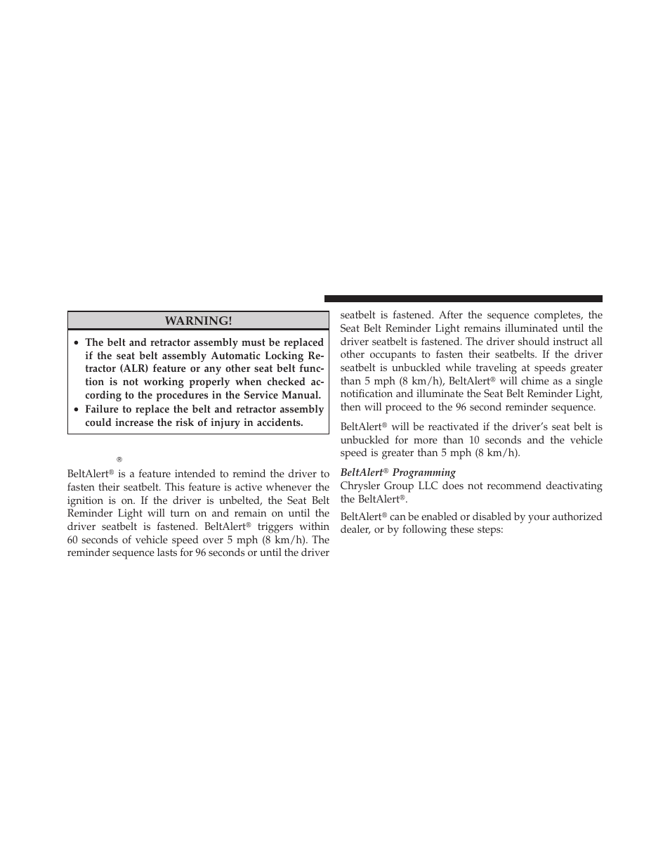Enhanced seat belt use reminder system, Beltalert | Dodge 2011 Dakota User Manual | Page 50 / 456