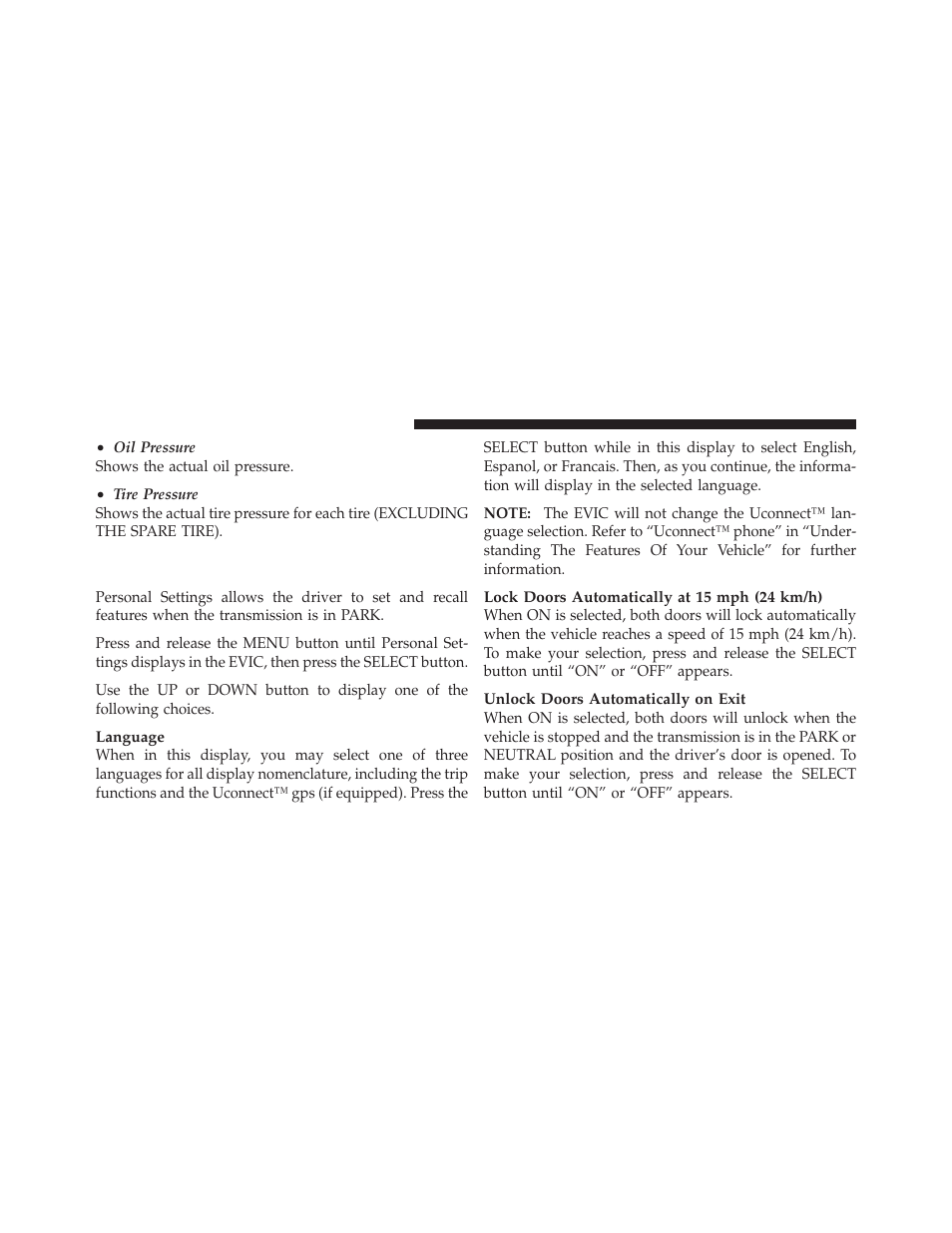 Personal settings (customer-programmable features), Personal settings, Customer-programmable features) | Dodge 2011 Challenger SRT8 User Manual | Page 200 / 460