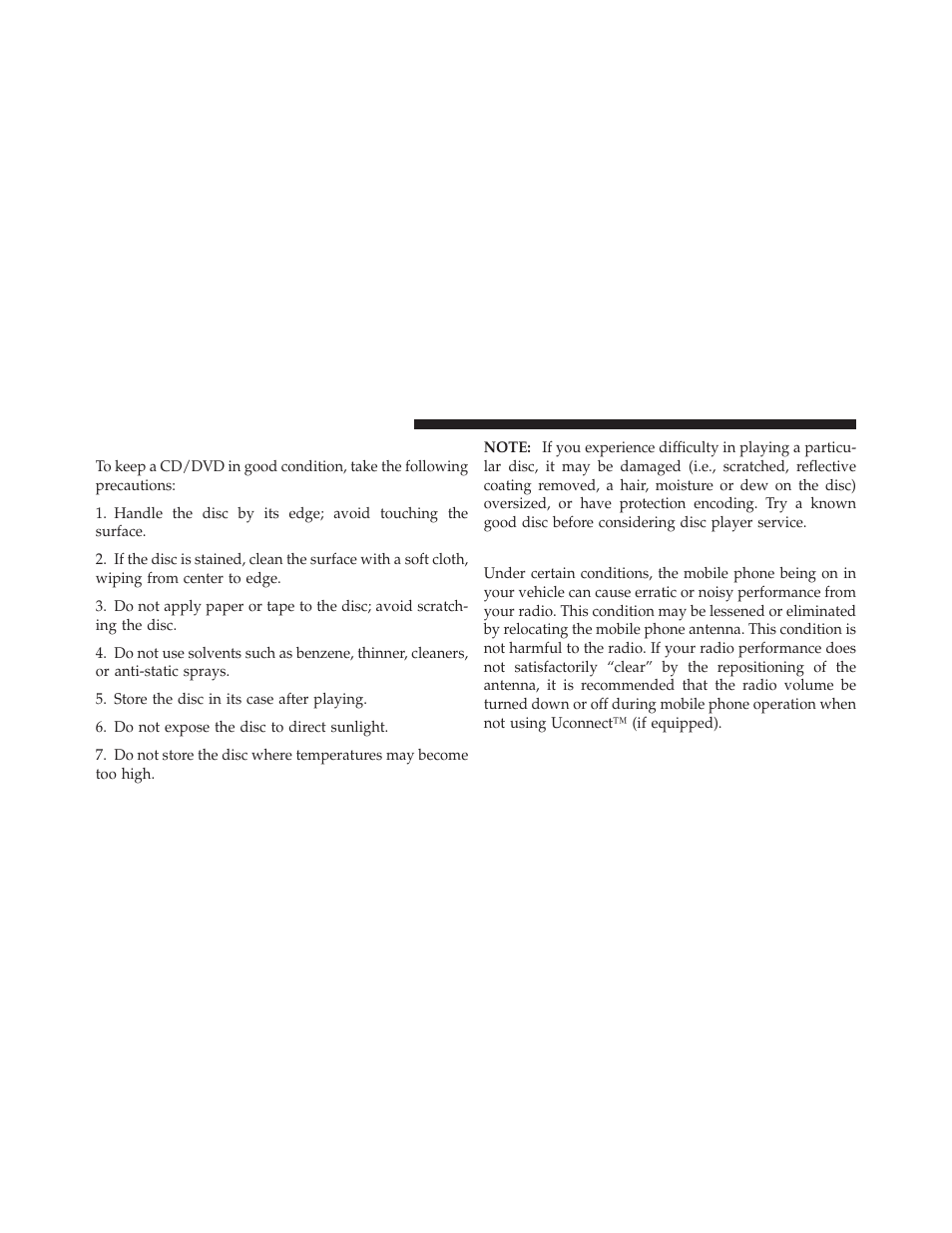 Cd/dvd disc maintenance, Radio operation and mobile phones | Dodge 2011 Challenger SRT8 User Manual | Page 238 / 460