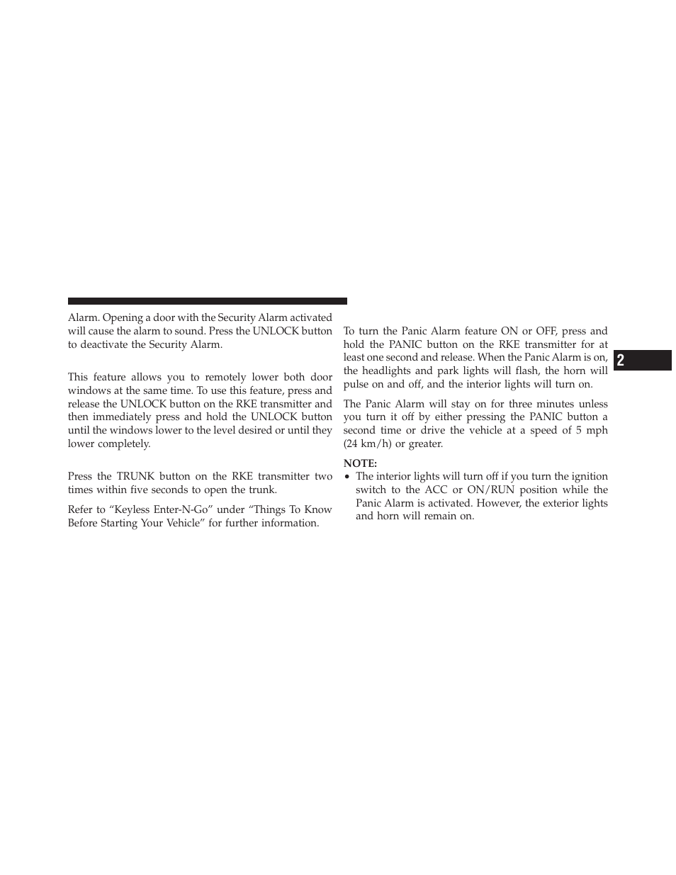 Remote open window feature, To open the trunk, Using the panic alarm | Dodge 2011 Challenger SRT8 User Manual | Page 27 / 460