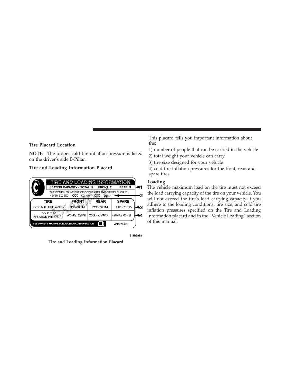 Tire loading and tire pressure | Dodge 2011 Challenger SRT8 User Manual | Page 298 / 460