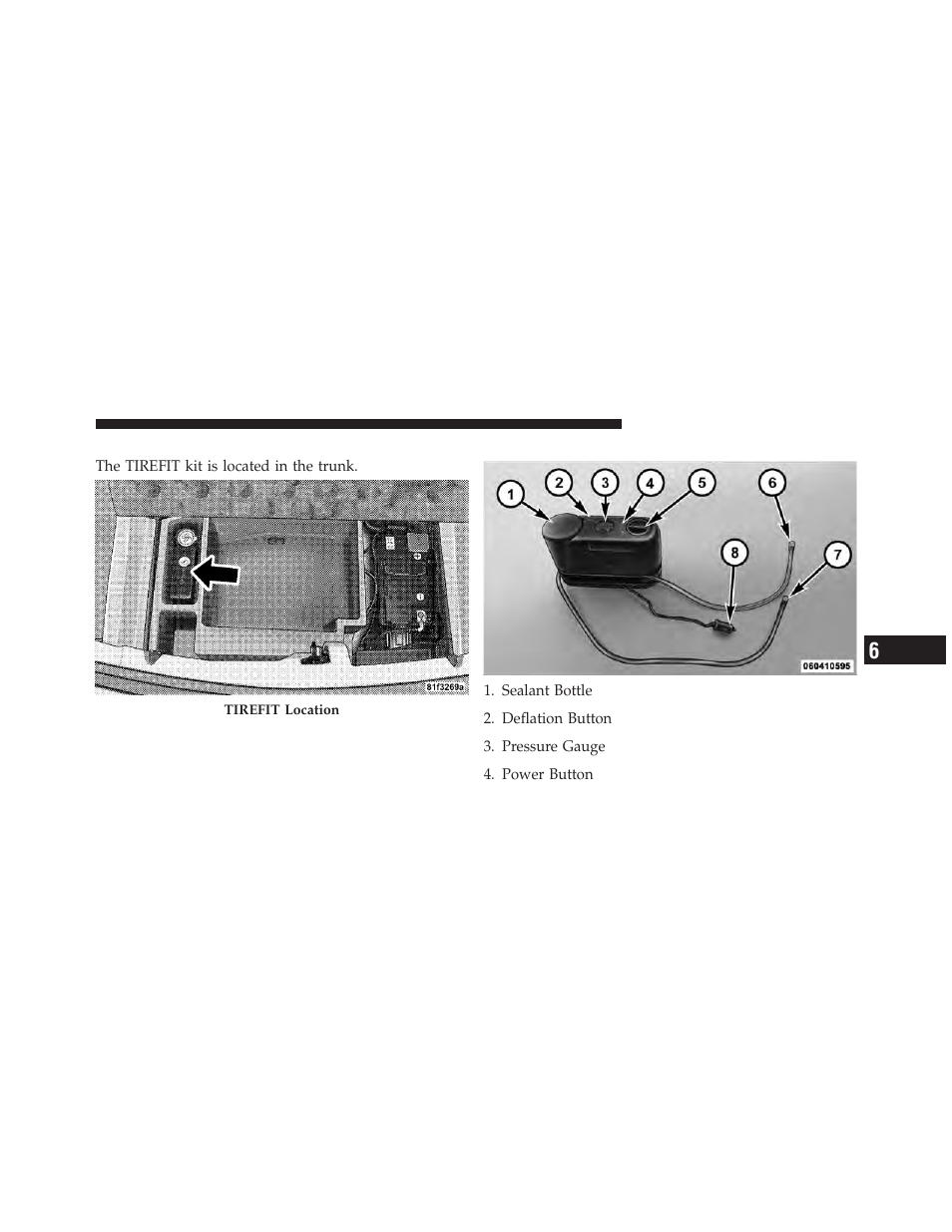 Tirefit storage, Tirefit kit components and operation | Dodge 2011 Challenger SRT8 User Manual | Page 335 / 460