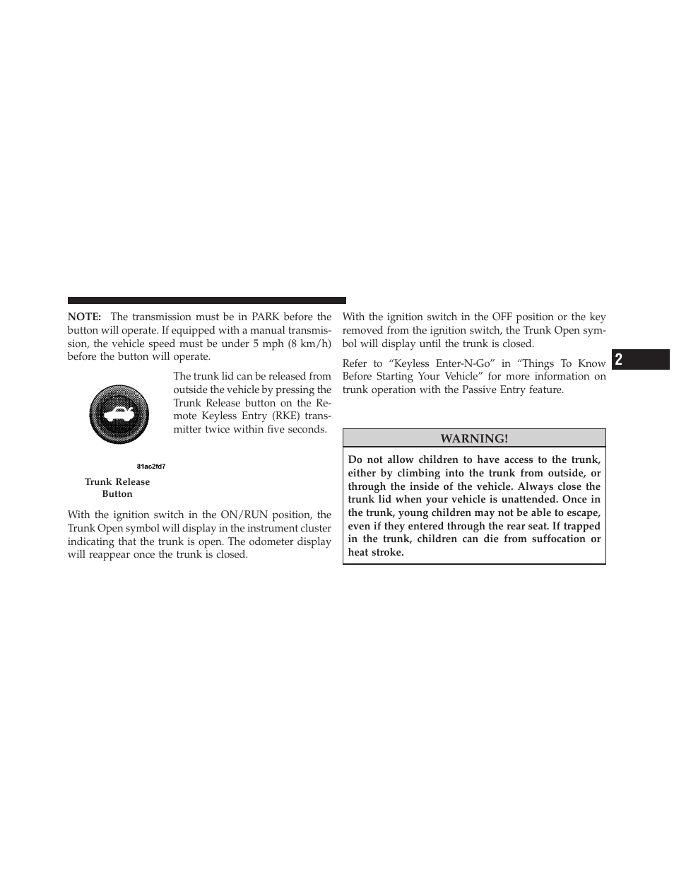 Trunk safety warning | Dodge 2011 Challenger SRT8 User Manual | Page 43 / 460