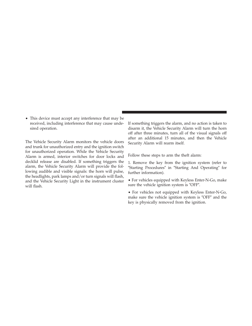 Vehicle security alarm, Rearming of the system, To arm the system | Dodge 2011 Challenger User Manual | Page 20 / 490