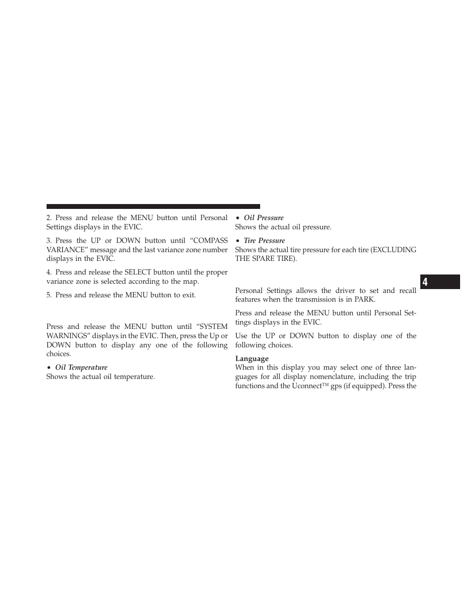 System warnings (customer information features), Personal settings (customer-programmable features), System warnings | Customer information features), Personal settings, Customer-programmable features) | Dodge 2011 Challenger User Manual | Page 201 / 490