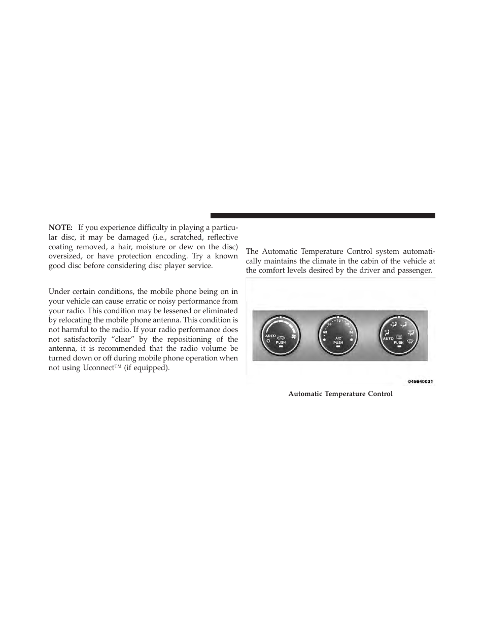 Radio operation and mobile phones, Climate controls, Automatic temperature control (atc) | Dodge 2011 Challenger User Manual | Page 240 / 490