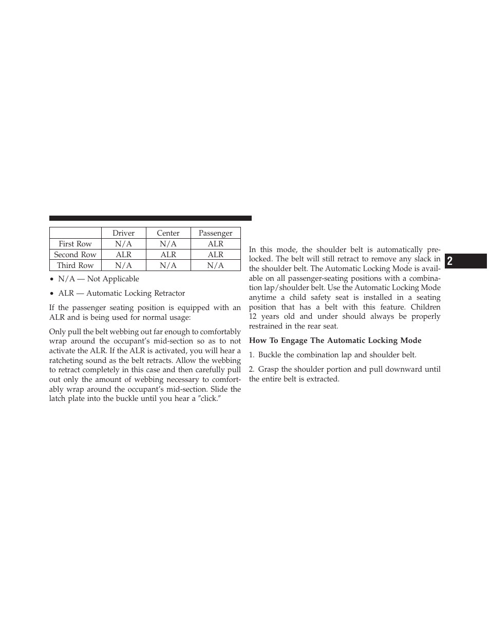 Automatic locking retractor mode (alr), If equipped | Dodge 2011 Challenger User Manual | Page 53 / 490