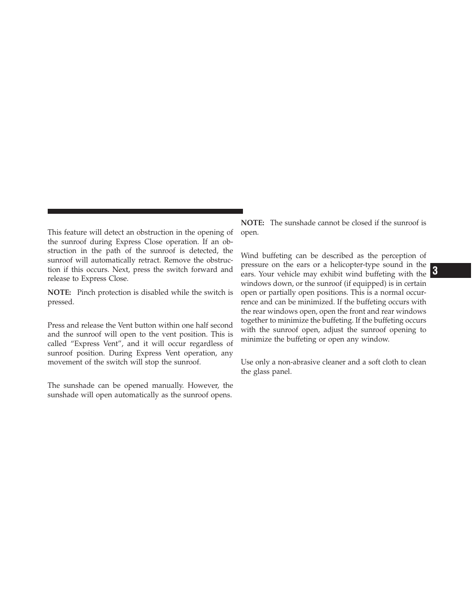 Pinch protect feature, Venting sunroof — express, Sunshade operation | Wind buffeting, Sunroof maintenance | Dodge 2011 Caliber User Manual | Page 169 / 486