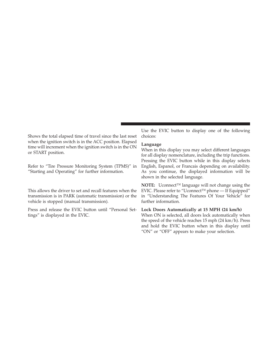 Elapsed time, Tire pressure monitor (tpm), Personal settings (customer-programmable features) | Personal settings, Customer-programmable features) | Dodge 2011 Caliber User Manual | Page 212 / 486