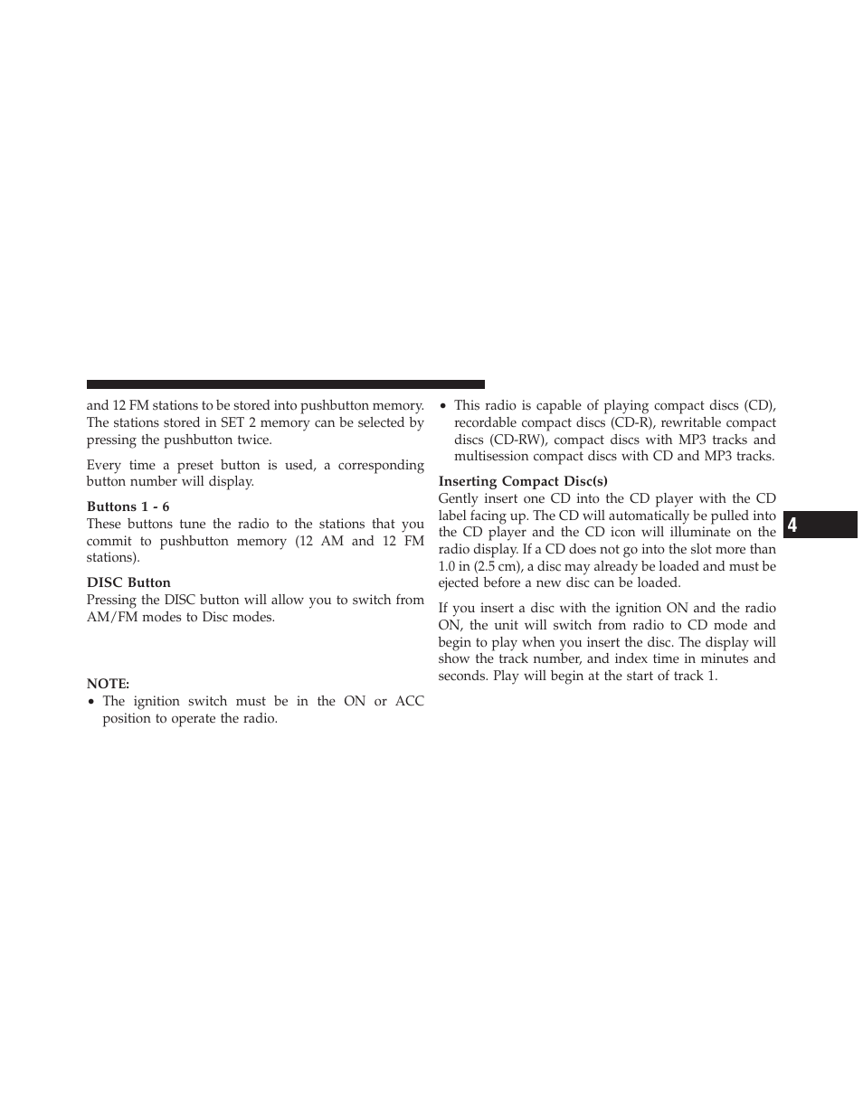 Operation instructions — cd mode for cd, And mp3 audio play | Dodge 2011 Caliber User Manual | Page 241 / 486