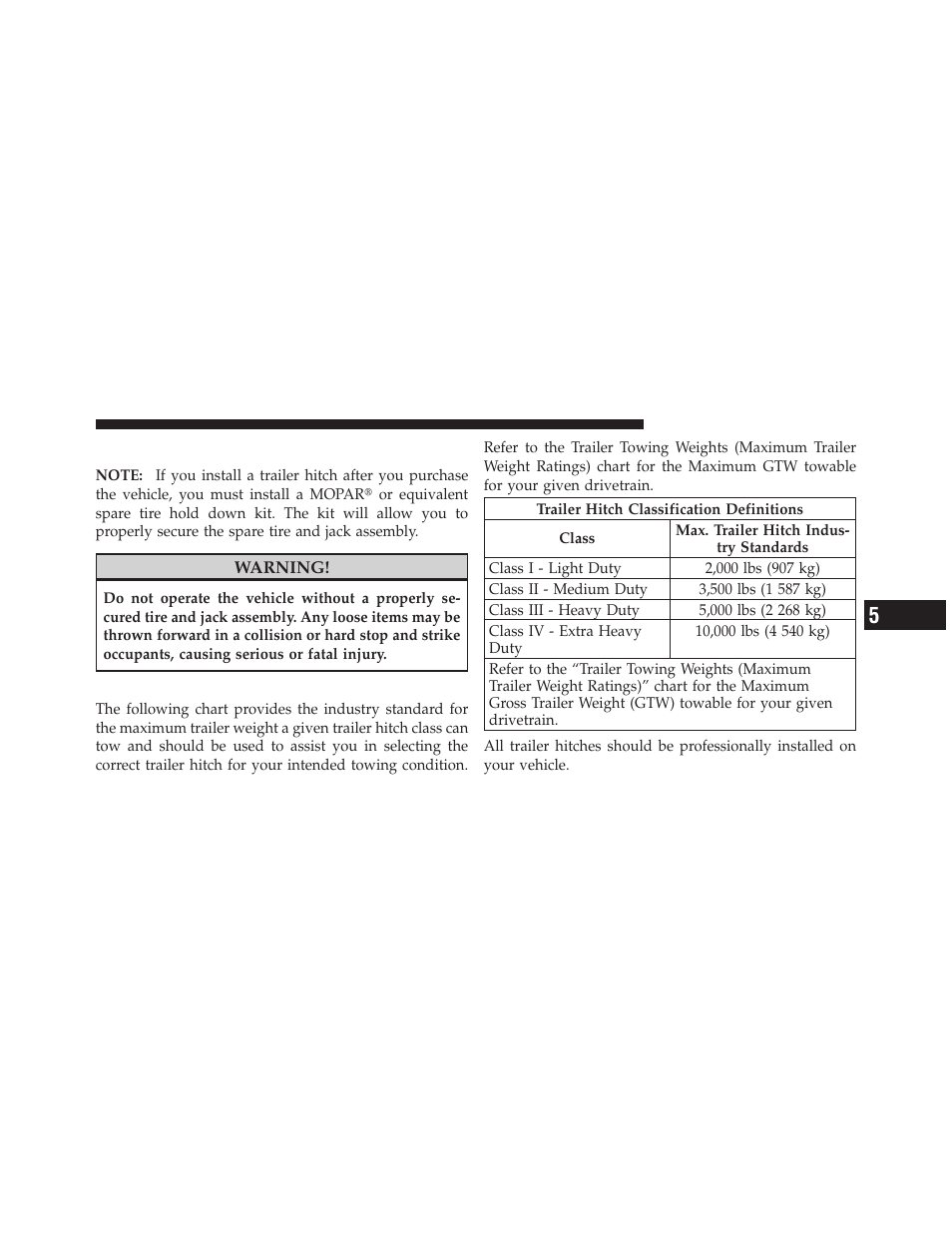 Installing a trailer hitch, Trailer hitch classification | Dodge 2011 Caliber User Manual | Page 363 / 486