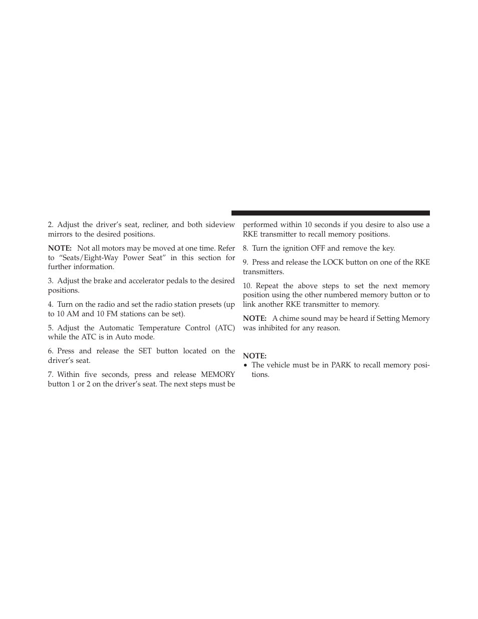 Memory position recall | Dodge 2010 Ram User Manual | Page 111 / 608