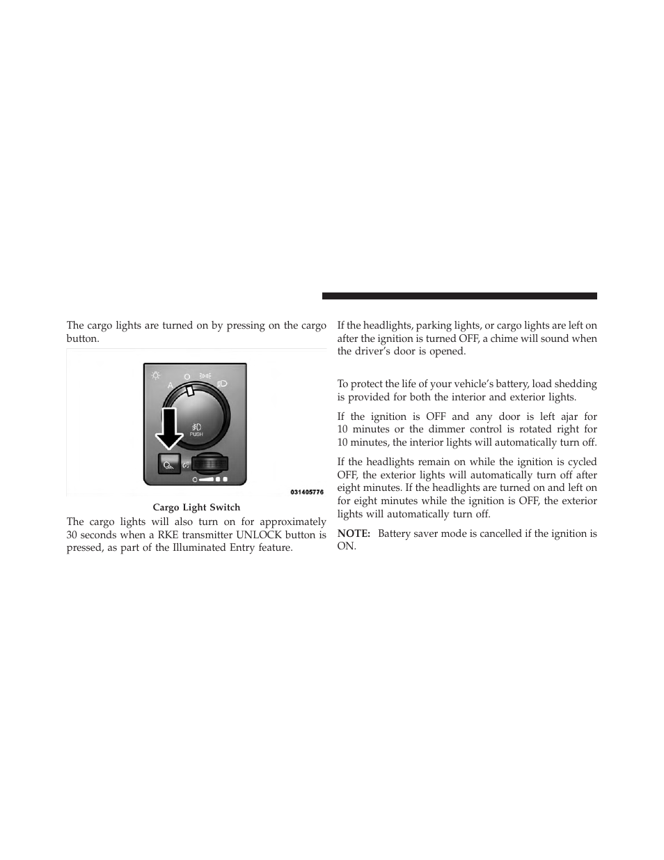 Cargo light, Lights-on reminder, Battery saver | Dodge 2010 Ram User Manual | Page 121 / 608