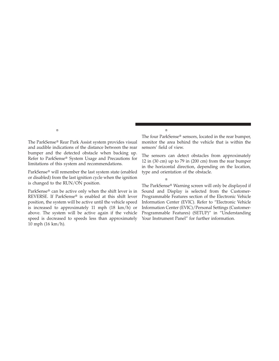 Parksense rear park assist — if equipped, Parksense sensors, Parksense warning display | Parksense௡ rear park assist — if equipped, Parksense௡ sensors, Parksense௡ warning display | Dodge 2010 Ram User Manual | Page 133 / 608