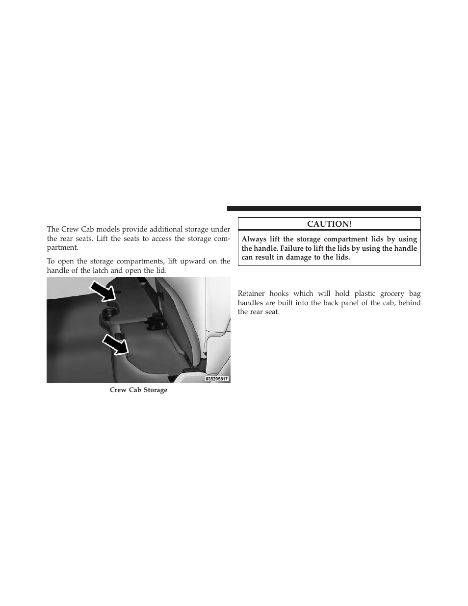 Storage and seats (crew cab), Plastic grocery bag retainers (regular cab models), Plastic grocery bag retainers | Regular cab models) | Dodge 2010 Ram User Manual | Page 171 / 608
