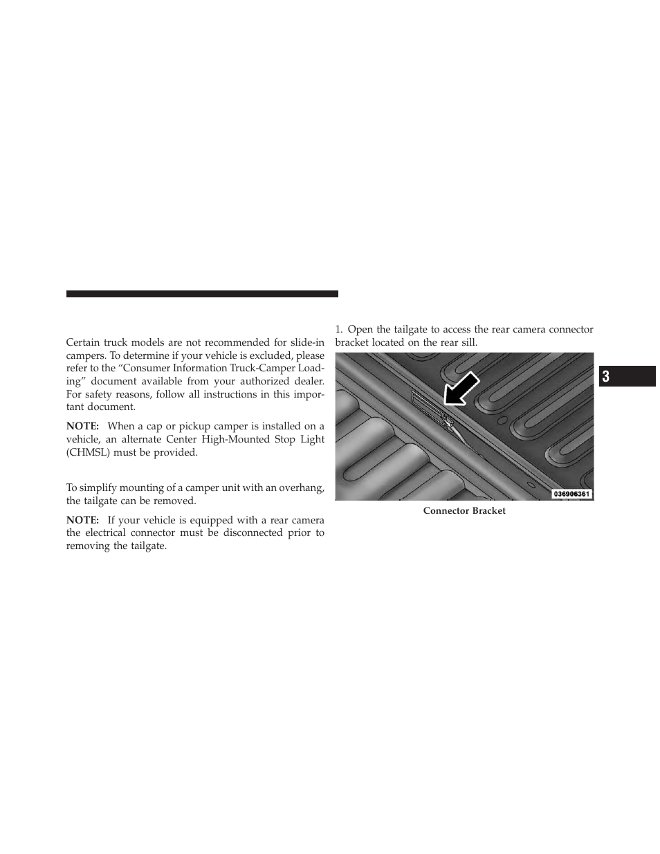 Slide-in campers, Camper applications, Easy-off tailgate | Disconnecting the rear camera — if equipped, Disconnecting the rear camera, If equipped | Dodge 2010 Ram User Manual | Page 190 / 608