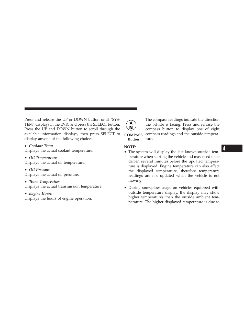 System (customer information features), Compass / temperature display | Dodge 2010 Ram User Manual | Page 230 / 608