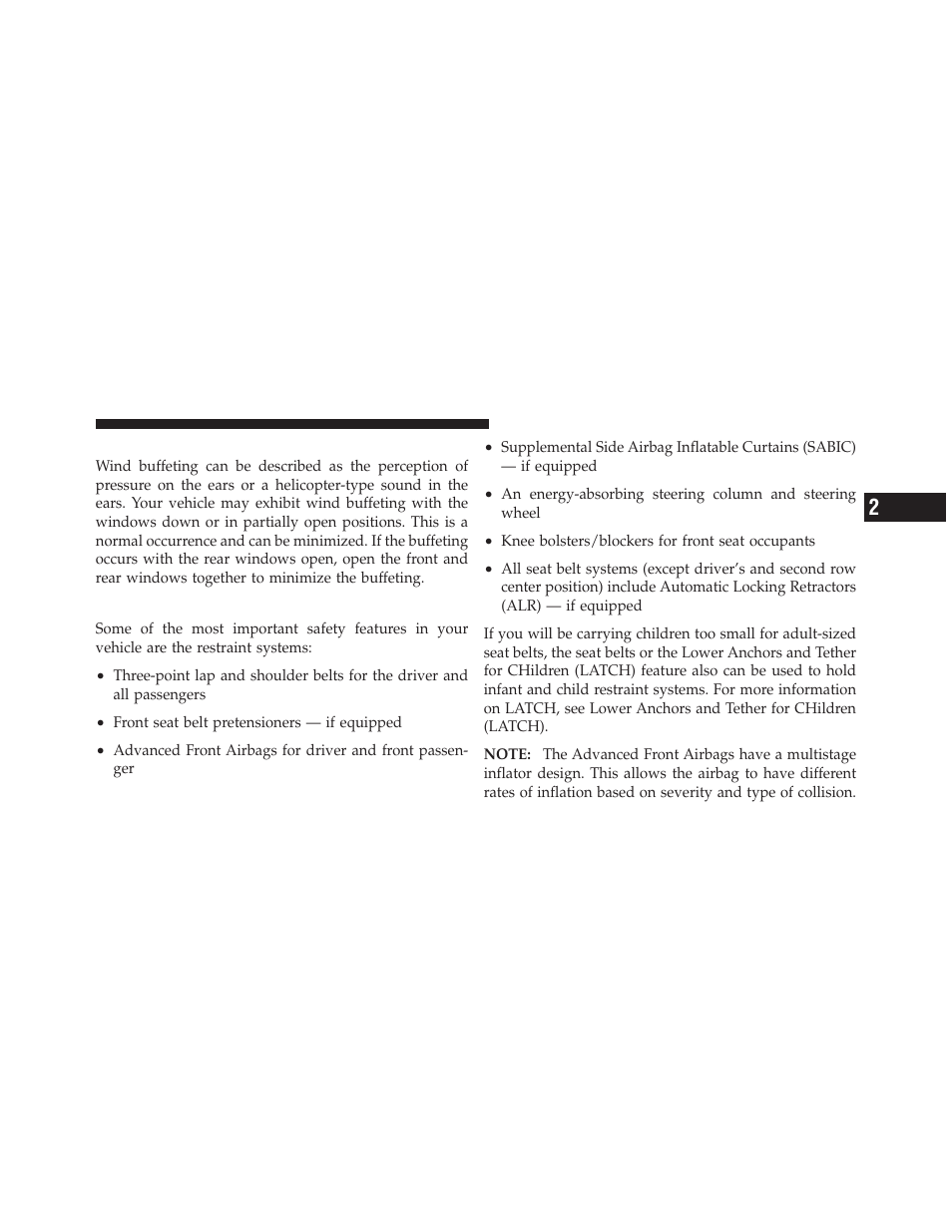 Wind buffeting, Occupant restraints | Dodge 2010 Ram User Manual | Page 38 / 608