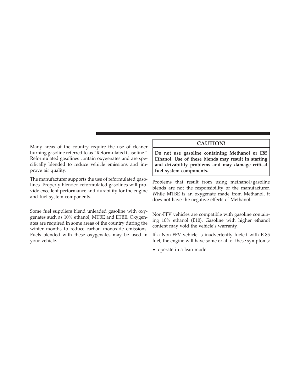 Reformulated gasoline, Gasoline/oxygenate blends, E-85 usage in non-flex fuel vehicles | Dodge 2010 Ram User Manual | Page 429 / 608