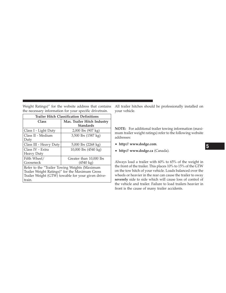 Trailer and tongue weight, Trailer towing weights, Maximum trailer weight ratings) | Dodge 2010 Ram User Manual | Page 446 / 608