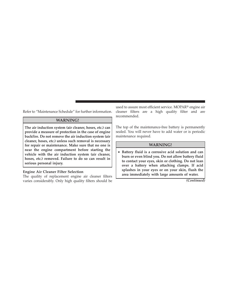Engine air cleaner filter, Maintenance-free battery | Dodge 2010 Ram User Manual | Page 513 / 608