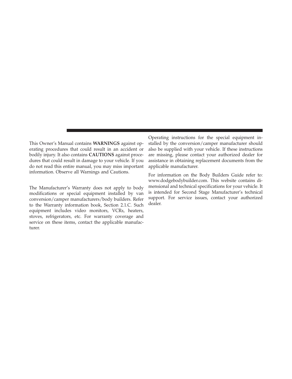 Warnings and cautions, Van conversions/campers | Dodge 2010 Ram User Manual | Page 7 / 608