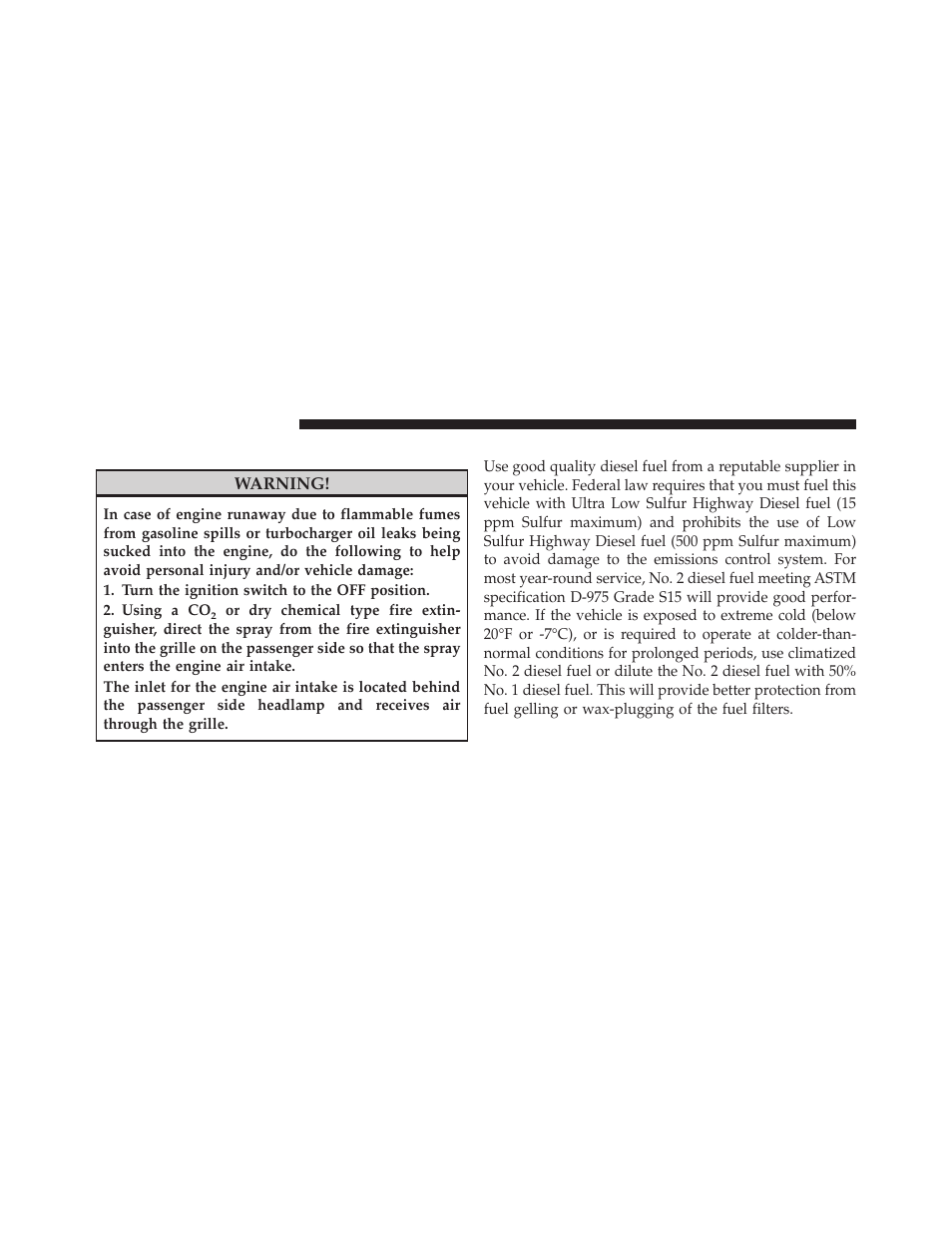 Engine runaway, Fuel requirements | Dodge 2010 Ram Pickup 3500 Diesel User Manual | Page 65 / 147