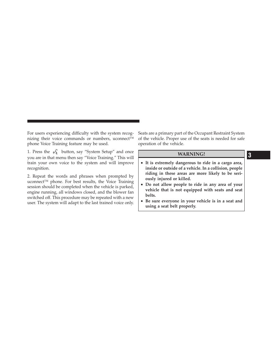 Voice training, Seats | Dodge 2010 Dakota User Manual | Page 115 / 430