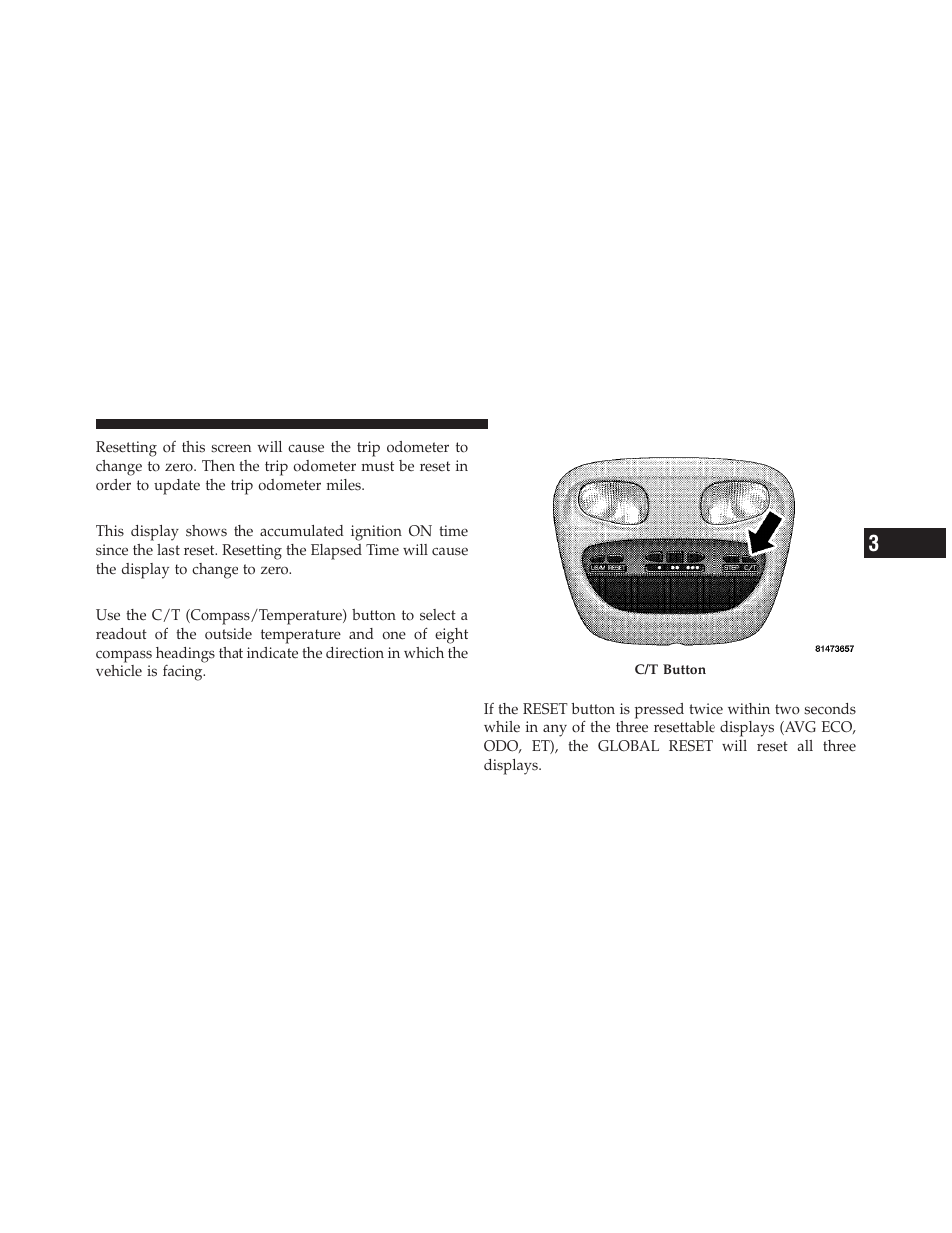 Elapsed time (et), C/t button, Global reset | Dodge 2010 Dakota User Manual | Page 139 / 430