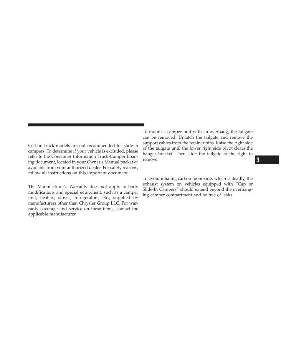 Slide-in campers, Camper applications, General information | Carbon monoxide warning-vehicles, Equipped with a cap or slide-in campers | Dodge 2010 Dakota User Manual | Page 157 / 430