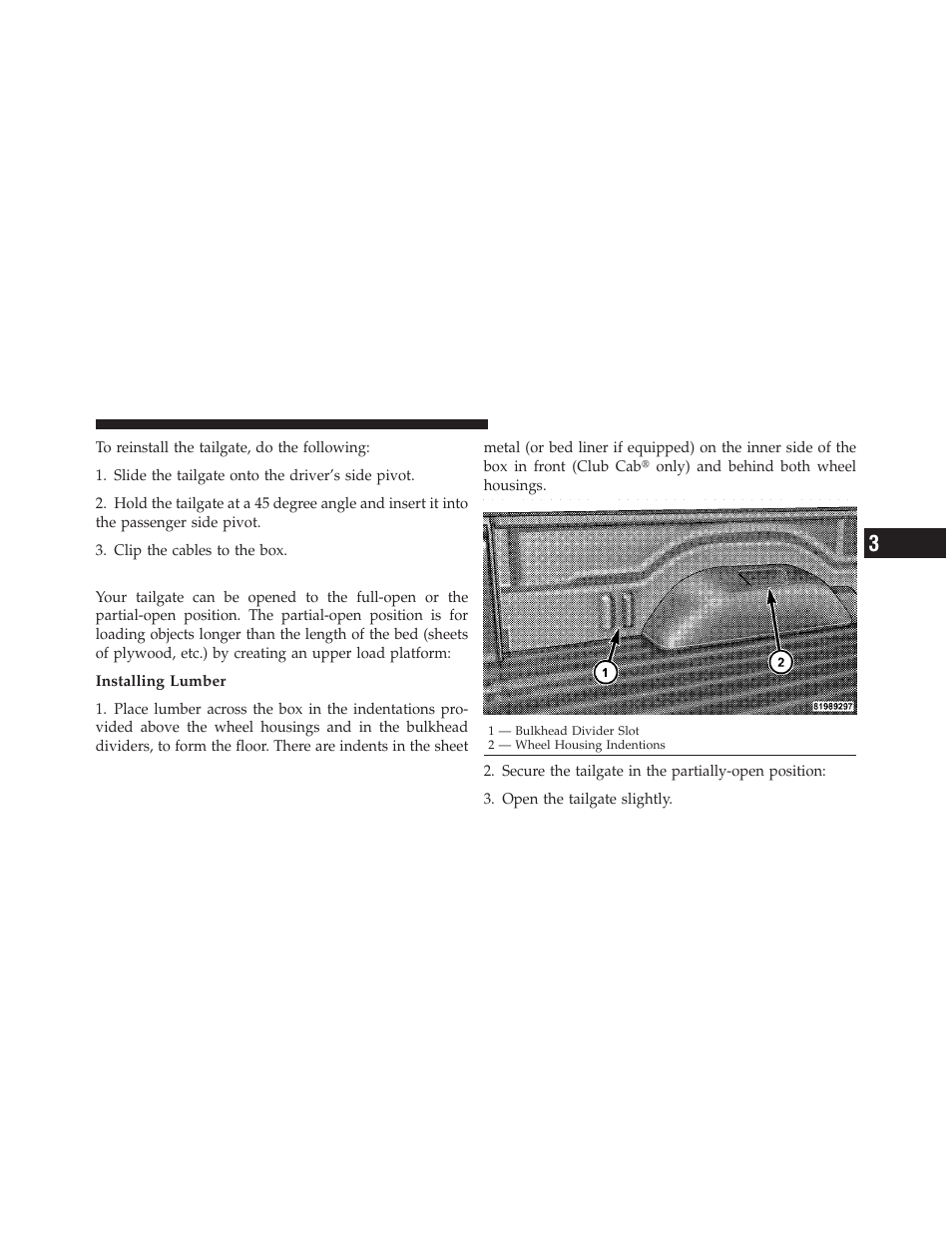 Two–position tailgate/upper load platform, Two–position tailgate/upper load, Platform | Dodge 2010 Dakota User Manual | Page 159 / 430