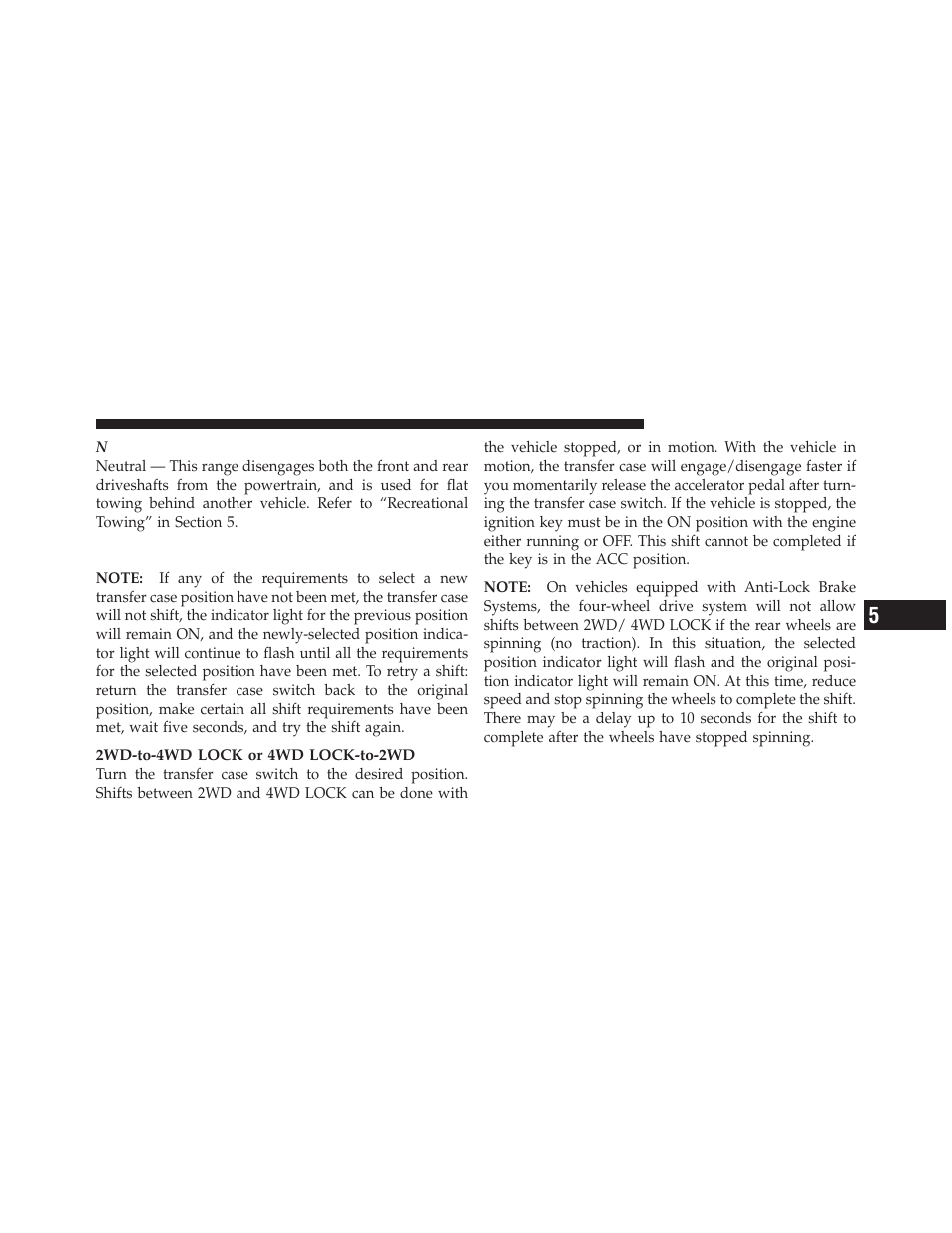 Shifting procedure - nv233/243 transfer case, Shifting procedure - nv233/243 transfer, Case | Dodge 2010 Dakota User Manual | Page 249 / 430