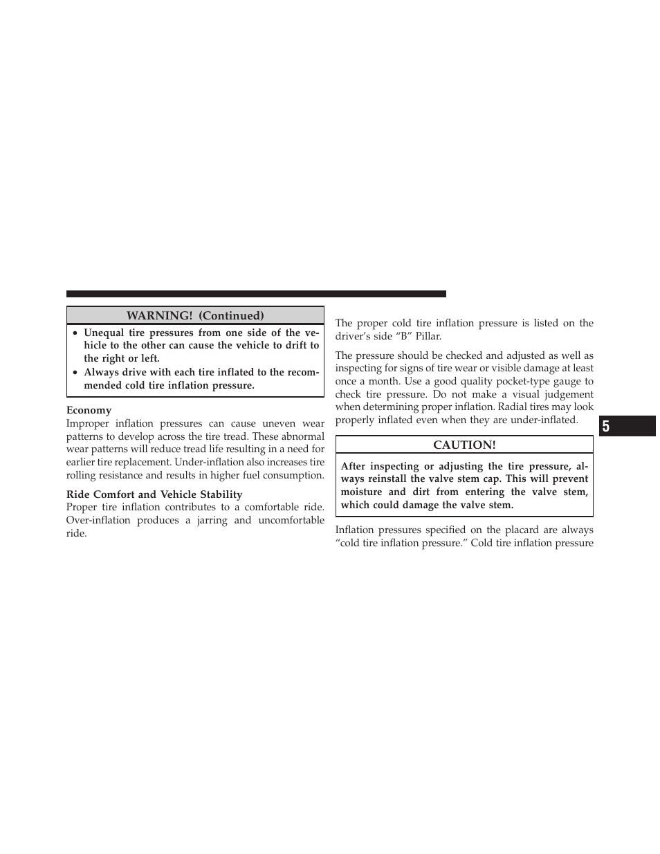 Tire inflation pressures | Dodge 2010 Dakota User Manual | Page 269 / 430