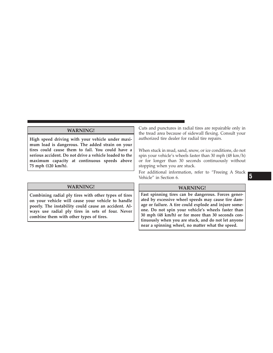 Radial ply tires, Tire spinning, Tire pressures for high speed operation | Dodge 2010 Dakota User Manual | Page 271 / 430