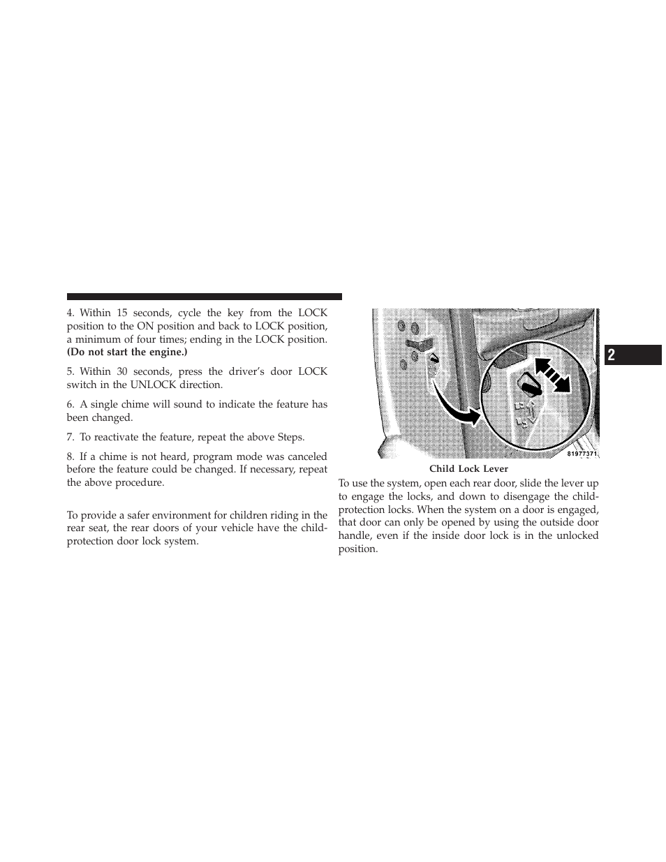 Child protection door lock | Dodge 2010 Dakota User Manual | Page 31 / 430