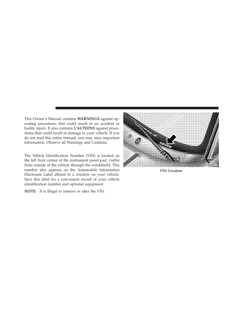 Warnings and cautions, Vehicle identification number | Dodge 2010 Dakota User Manual | Page 6 / 430