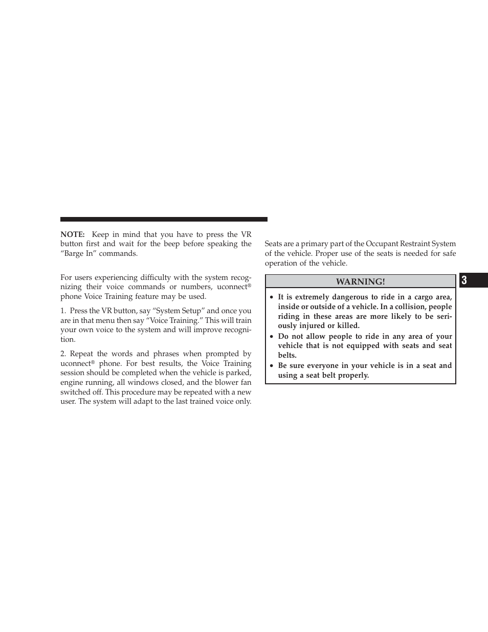 Voice training, Seats | Dodge 2009 Ram User Manual | Page 121 / 532