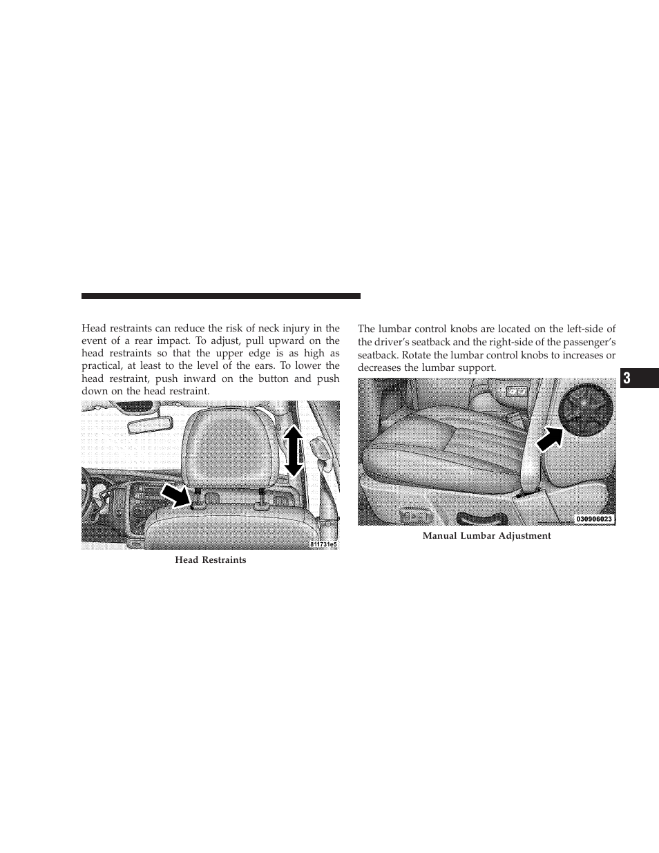 Adjustable head restraints, Manual lumbar support - if equipped, Manual lumbar support — if equipped | Dodge 2009 Ram User Manual | Page 125 / 532