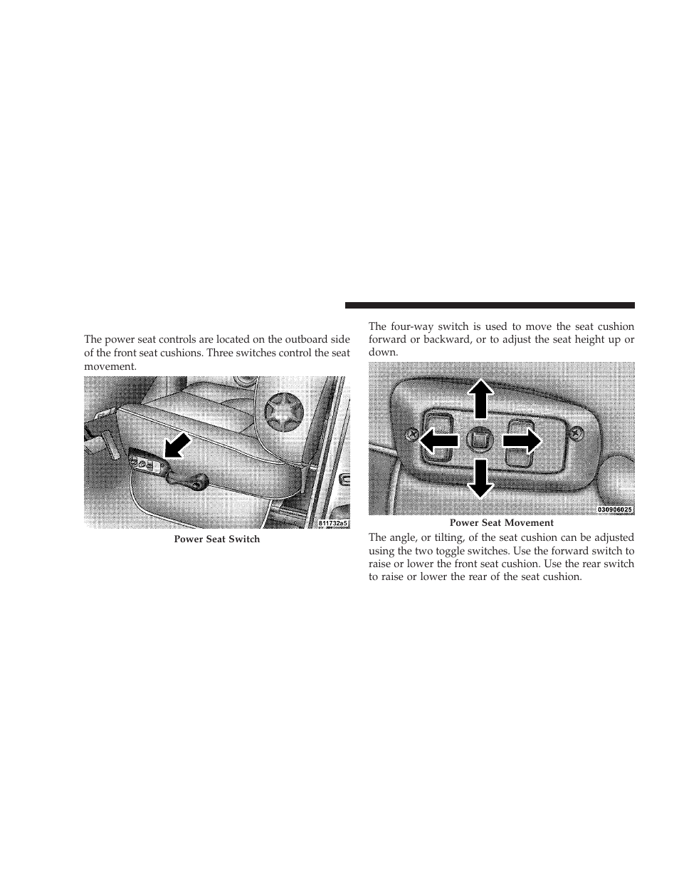 Power seats - if equipped, Power seats — if equipped | Dodge 2009 Ram User Manual | Page 126 / 532