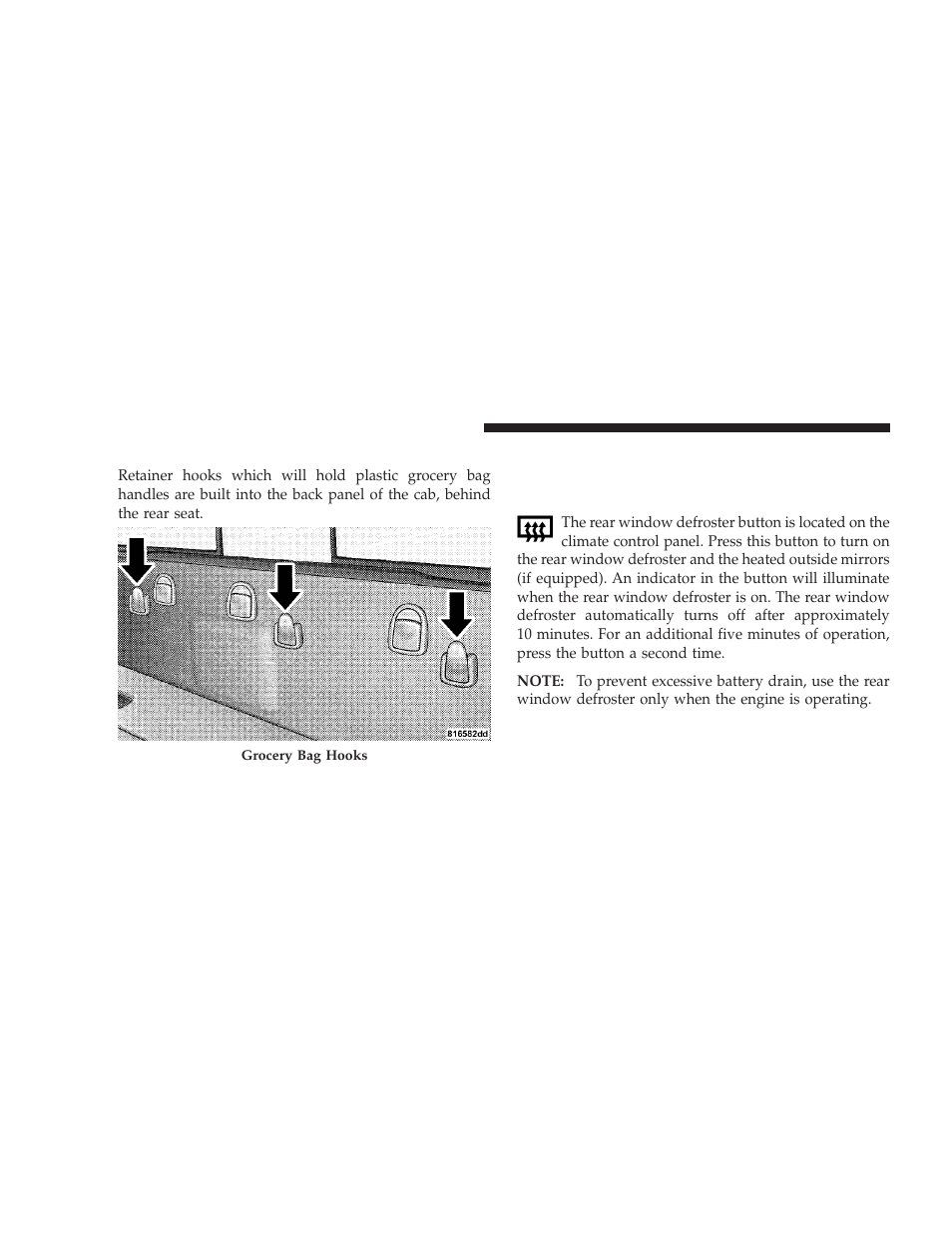 Plastic grocery bag retainers - if equipped, Rear window features, Plastic grocery bag retainers | If equipped, Rear window defroster and heated outside, Mirrors — if equipped | Dodge 2009 Ram User Manual | Page 174 / 532