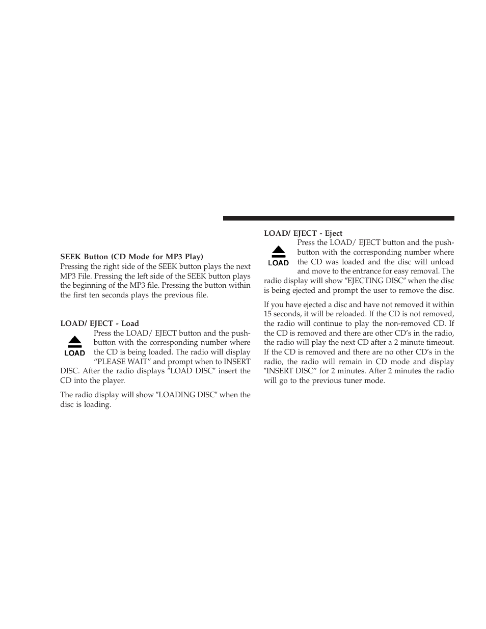 Load/eject button (cd mode for mp3 play), Operation instructions - (cd mode for mp3, Audio play) | Load/eject button, Cd mode for mp3 play) | Dodge 2009 Ram User Manual | Page 216 / 532